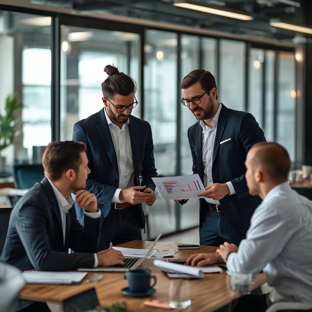 Professional team analyzing business strategy and growth charts in modern office workspace