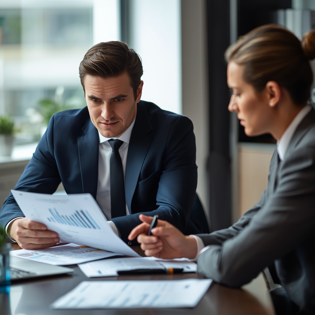 Business consultant discussing financial reports and market analysis with client